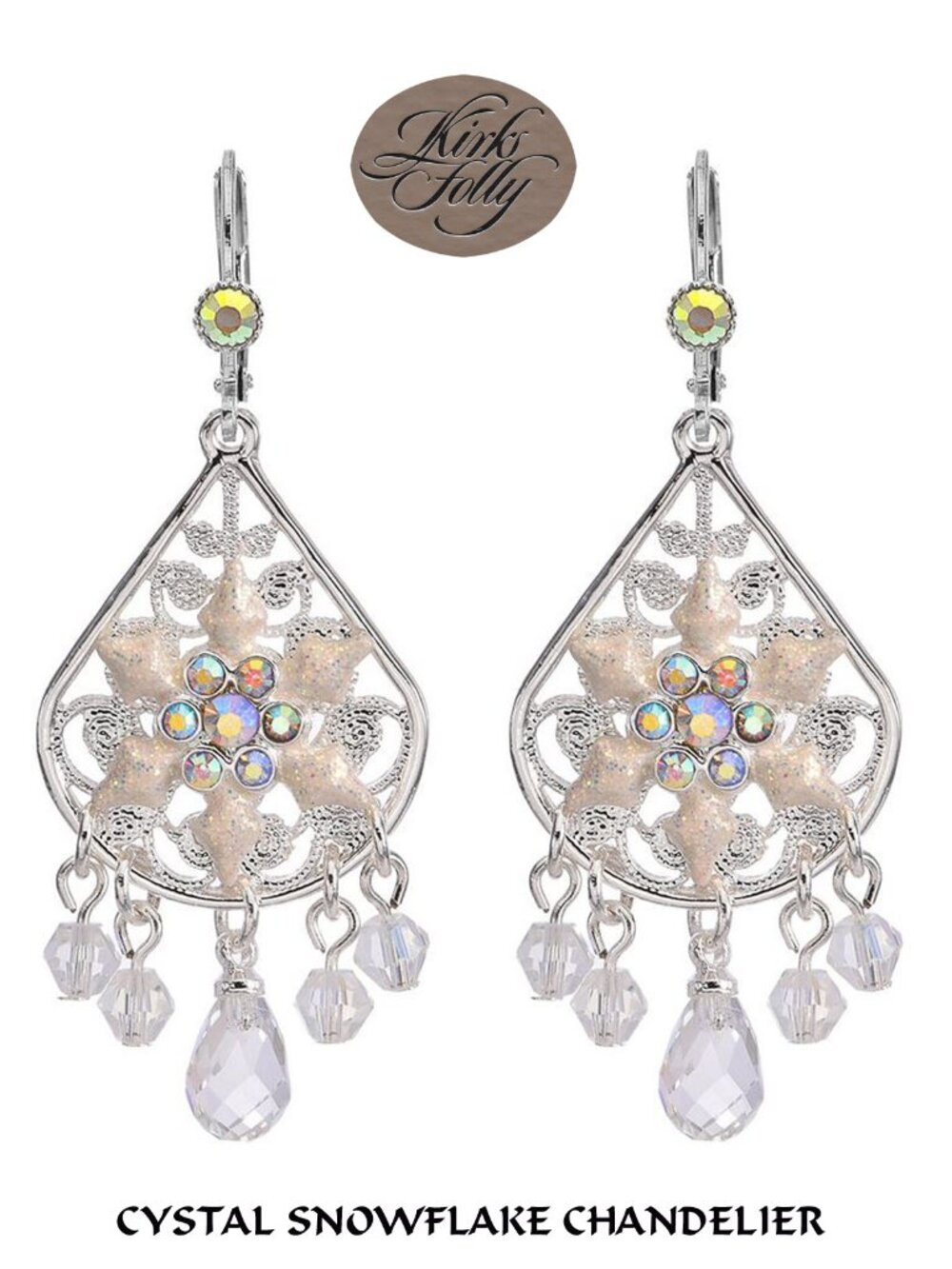 Kirks Folly CRYSTAL SNOWFLAKE Chandelier Leverback Earrings Sterling Silvertone